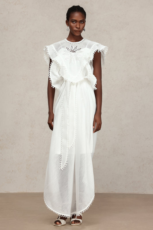 Vestido Halli Renda Bordada com Pregas Maxi