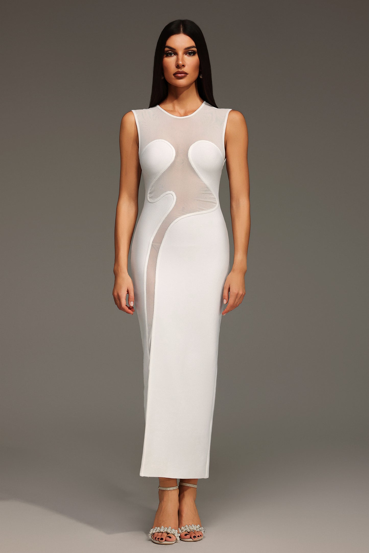 Vestido Maxi Quinn Sem Mangas em Tule com Estrutura