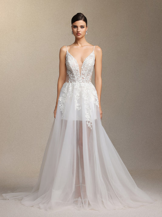 Vestido de Noiva Xaler Maxi com Decote em V e Tule