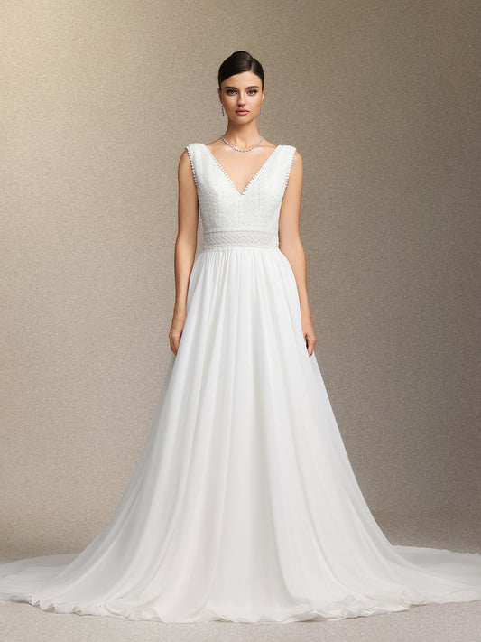 Vestido de Noiva Yalyka Decote em V Profundo Sem Mangas com Cintura Alta