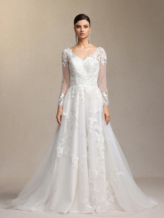 Vestido de Noiva Dolcie Decote em V com Patchwork de Renda e Tule