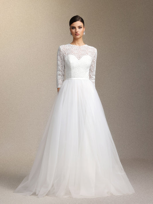 Vestido de Noiva em Renda e Tule Manga Longa