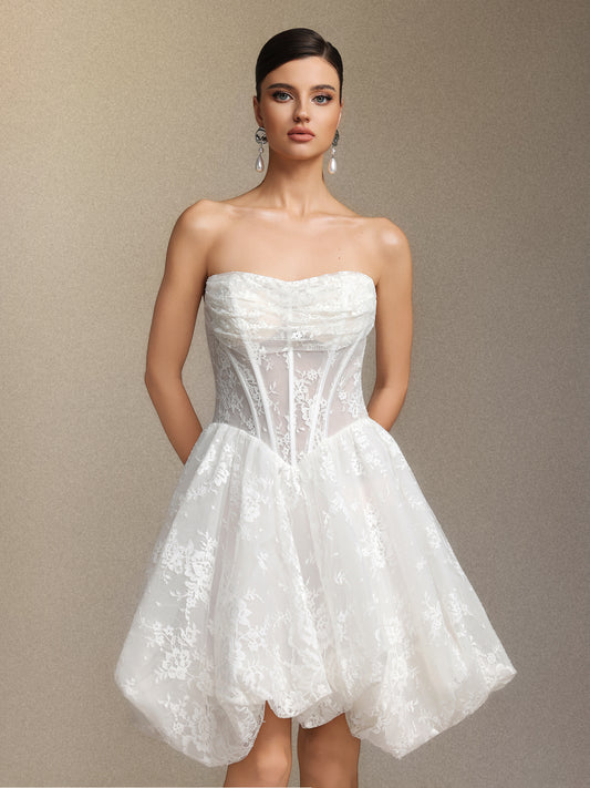 Vestido Mini Derya com Renda Pregas e Decote Tomara que Caia