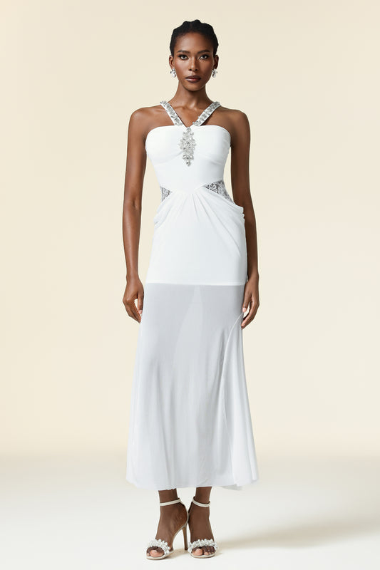 Vestido Maxi Kaona sem Mangas com Pregas em Losango