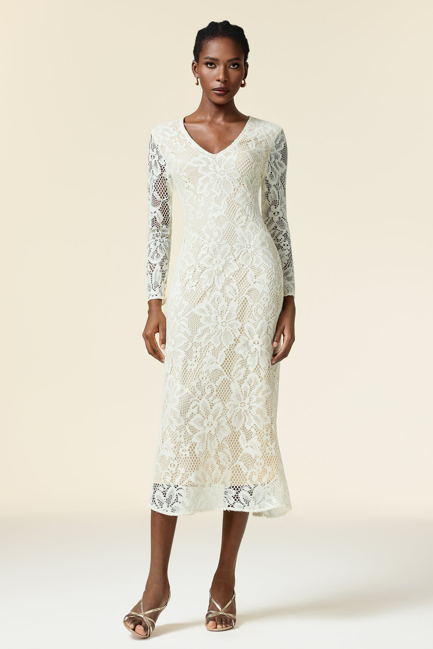 Vestido Maxi Klaria Gola em V Manga Longa com Bordado