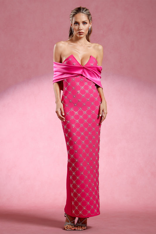 Vestido Maxi Haliya, Ombro a Ombro, Decote em V, Efeito Bandage Cravejado