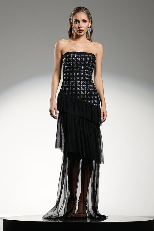 Vestido Maxi Lunia sem Mangas com Aplicações de Diamantes