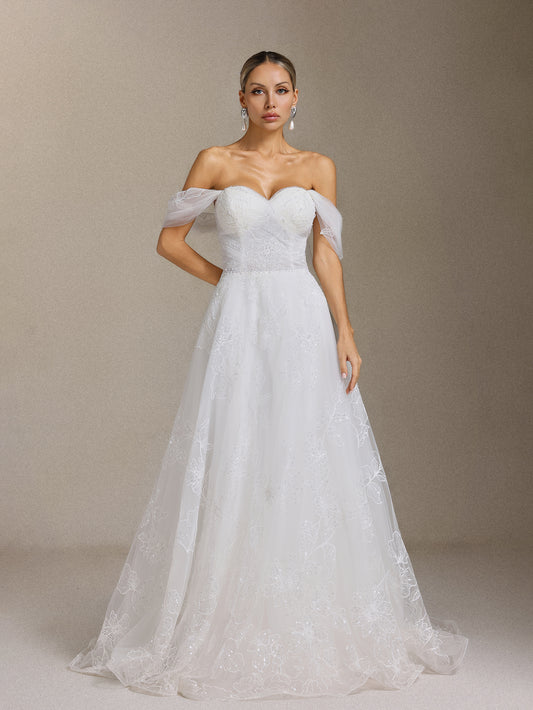 Vestido de Noiva Liama Maxi com Renda Floral e Ombro a Ombro