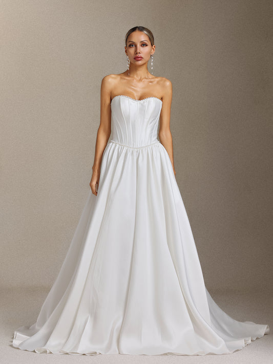 Vestido de Noiva Kasuni Maxi com Aplicações de Pérolas e Cauda
