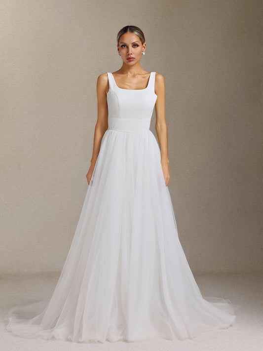 Vestido de Noiva Polasa Decote Quadrado em Dois Tons