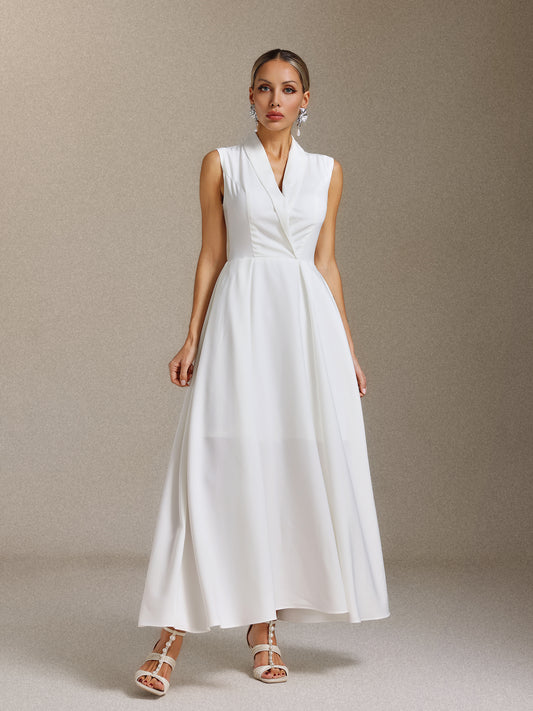 Vestido Maxi Daona em Cetim, Gola de Blazer, Sem Mangas