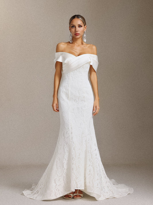 Vestido de Noiva Jussi Ombro a Ombro em Renda, Cauda Sereia