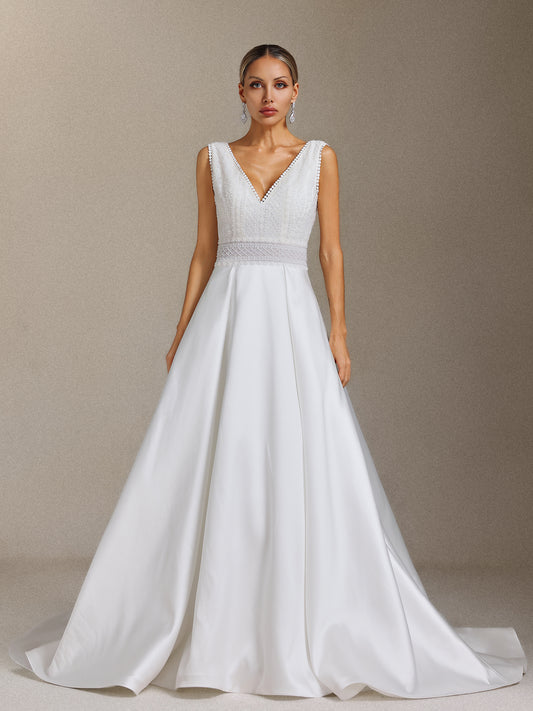 Vestido de Noiva Yalyka Decote Profundo Sem Mangas