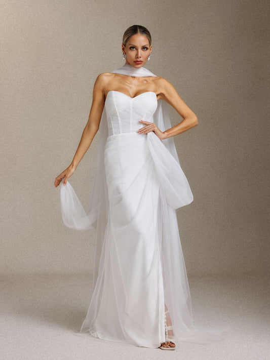 Vestido de Noiva Vanessa Plissado em Gaze Leve, Sem Alças