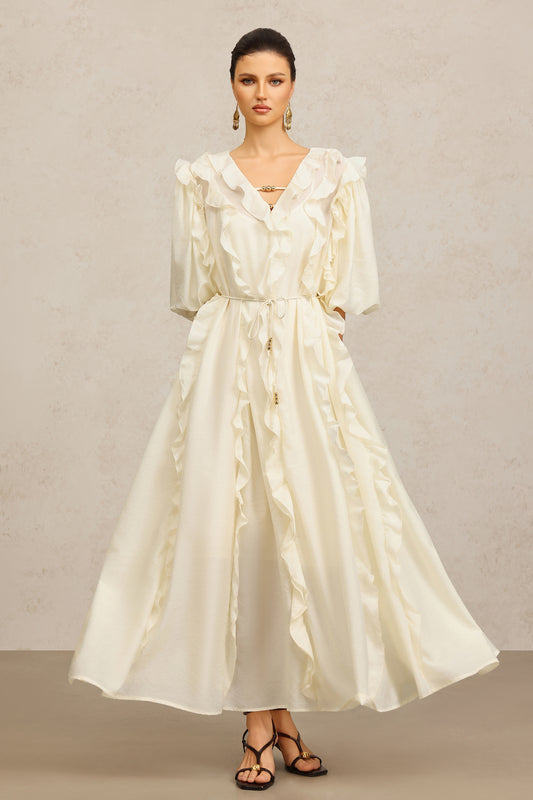 Vestido Maxi Wika com Decote em V e Mangas 3/4