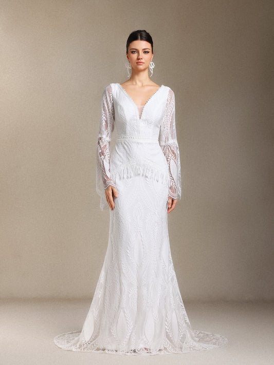 Vestido de Noiva Lexi com Renda Combinada, Manga Longa e Franja