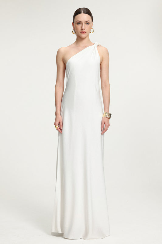 Vestido Maxi em Cetim com Alça Anudada