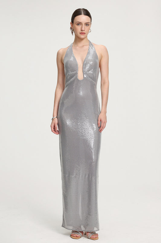 Vestido Maxi Halter com Paetês Prata