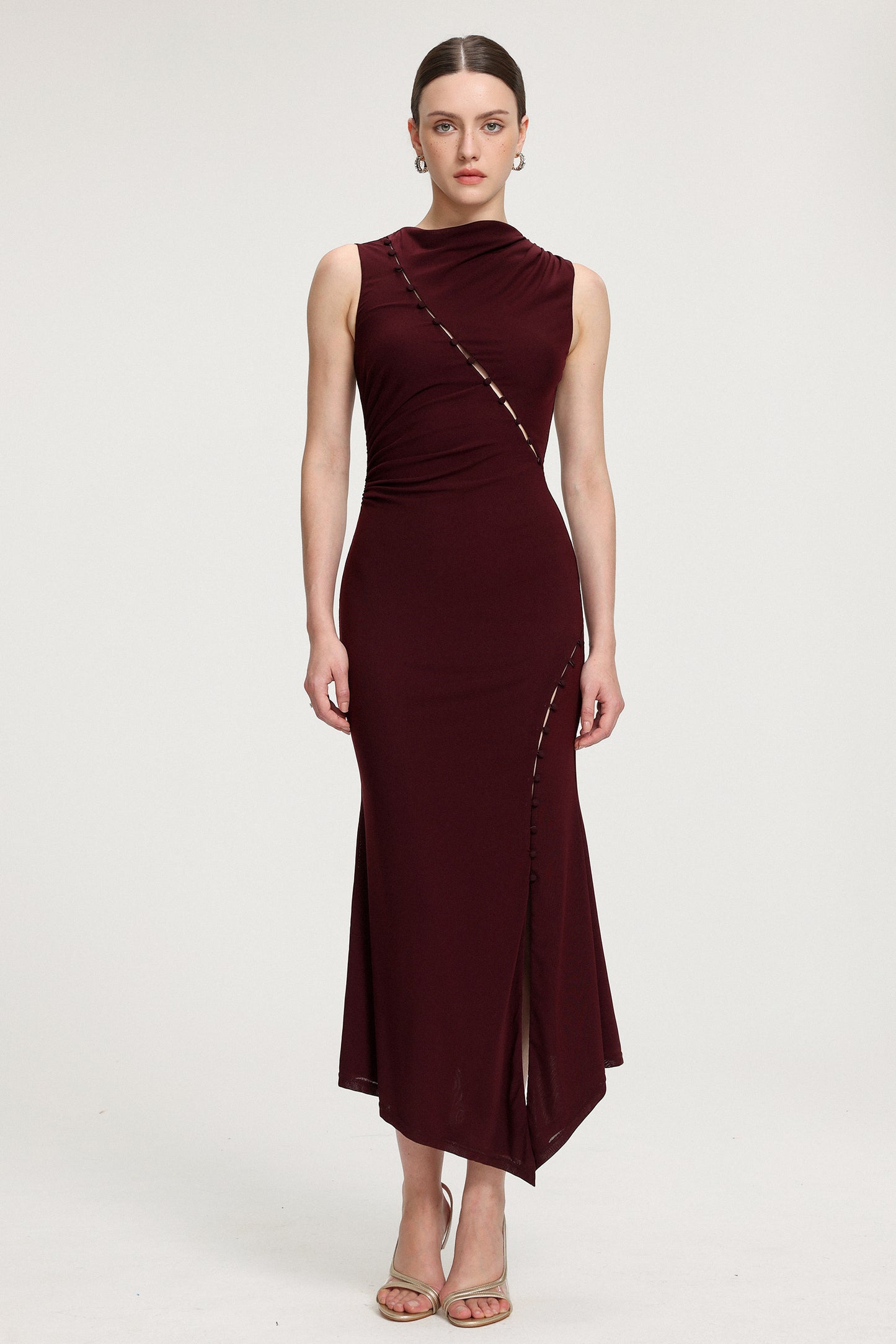 Vestido Midi Assimétrico em Jersey com Franzidos
