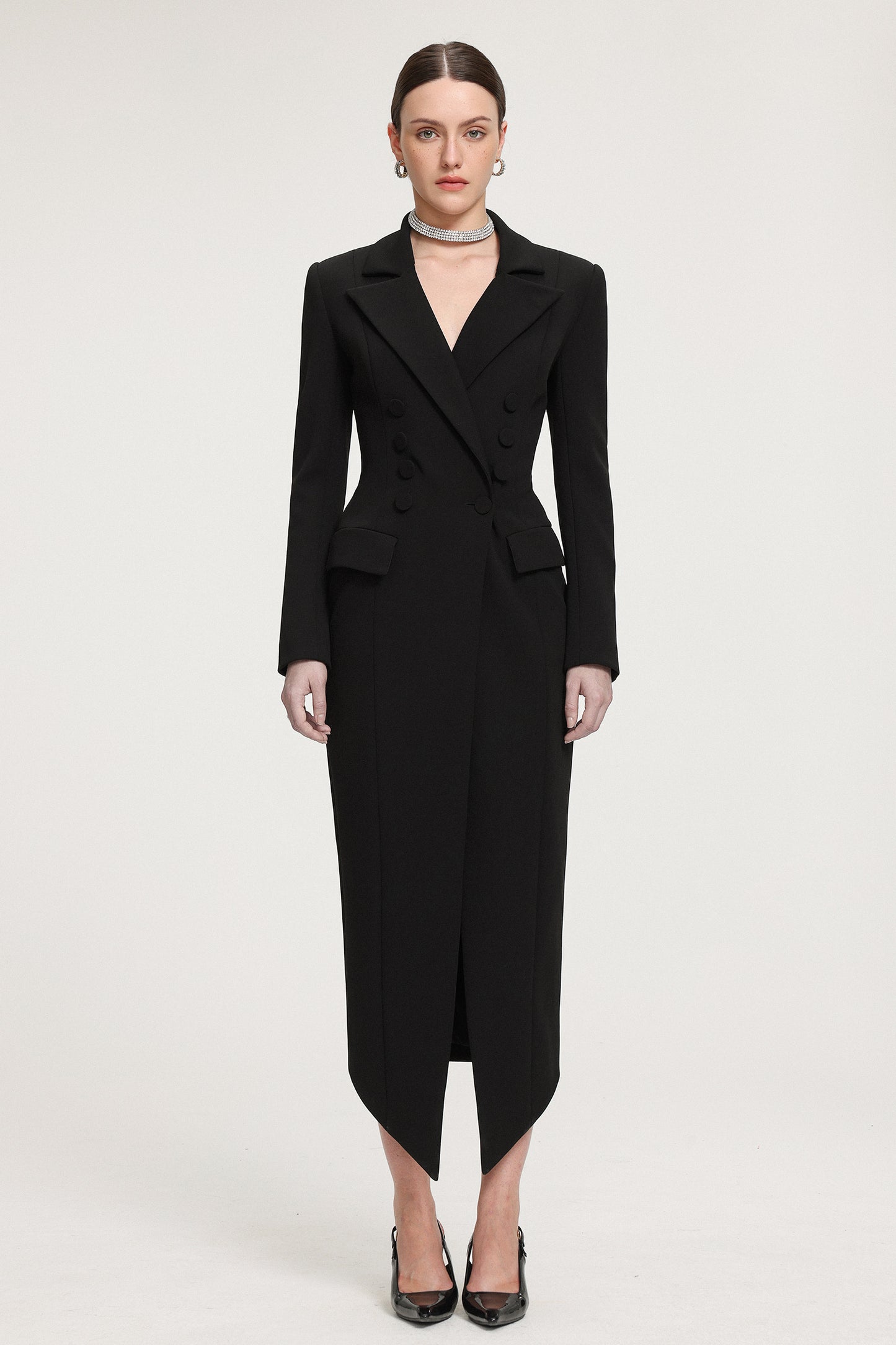 Maxi Coat de Crepe Dupla Abotoadura com Detalhe nas Costas