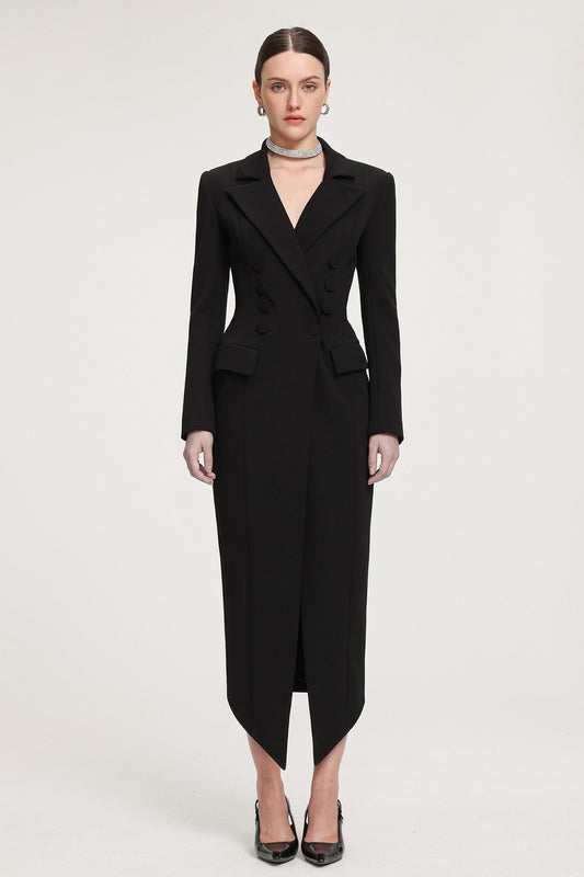 Maxi Coat de Crepe Dupla Abotoadura com Detalhe nas Costas
