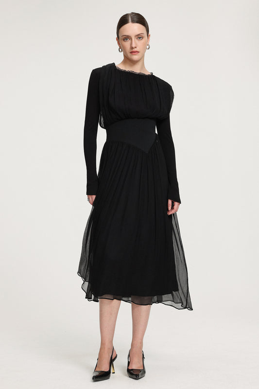 Vestido Midi em Chiffon com Pregas