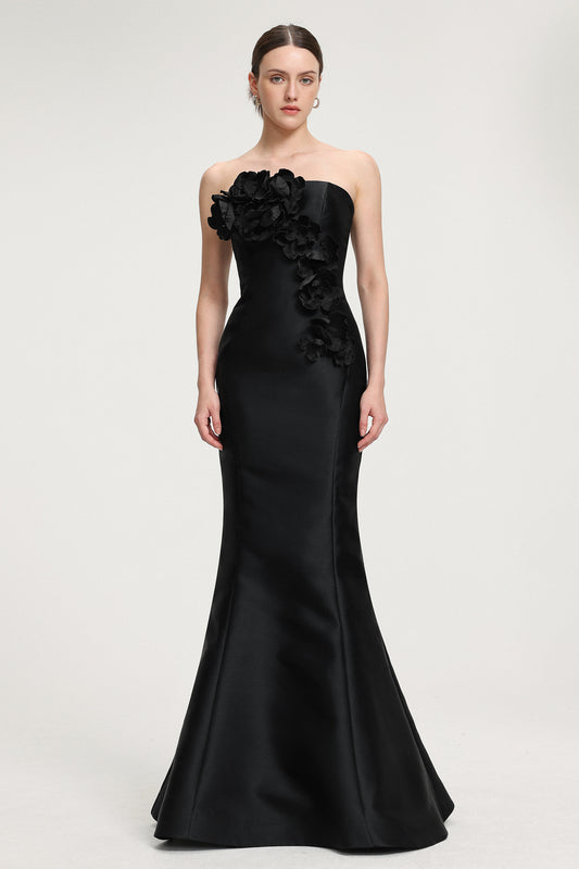 Vestido Maxi Sereia em Cetim com Flores 3D - Tomara que Caia