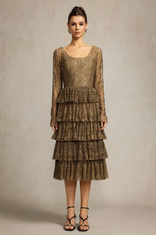 Vestido Maxi Hella com Renda e Mangas Longas