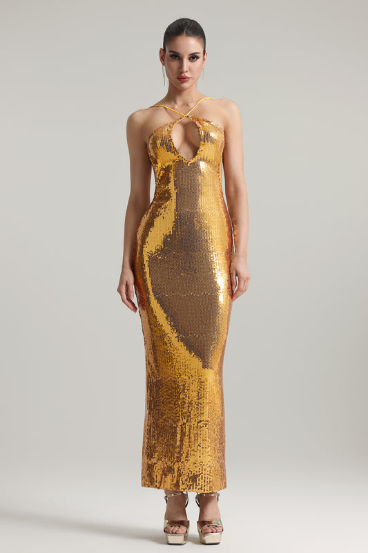 Vestido Maxi Hazada com Paetês, Decote Halter e Costas Nuas