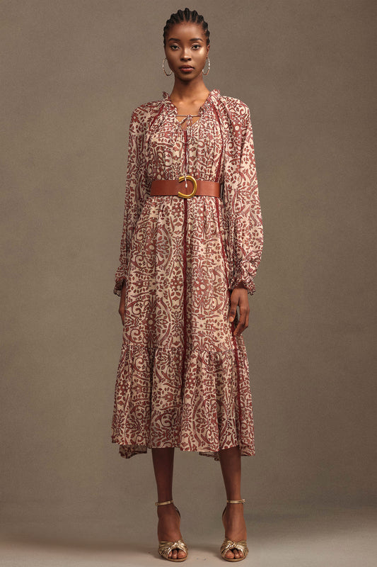 Vestido Dolo em Chiffon Estampado Manga Longa Maxi