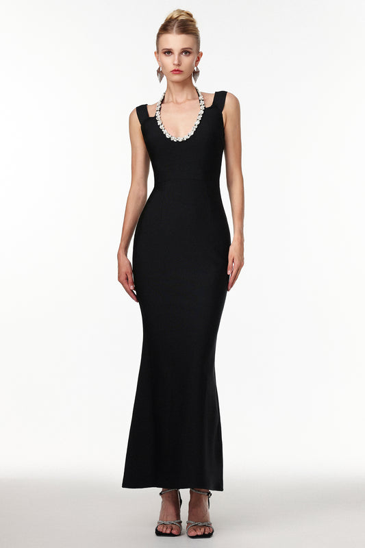 Vestido Maxi Shannon em Bandage com Cristais e Contorno Sexy