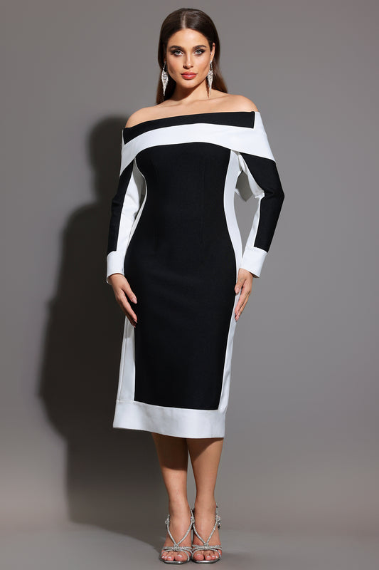 Vestido Midi Mattey Ombro a Ombro com Mangas Longas e Listras