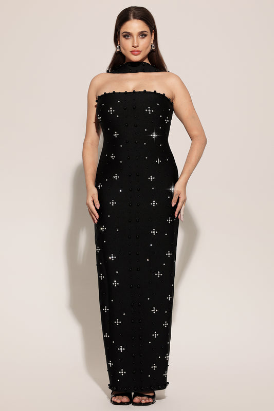 Vestido Maxi Nesya Sem Mangas com Aplicações de Pérolas
