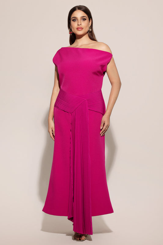 Midi Dress Paulina com Ombro Assimétrico e Pregas
