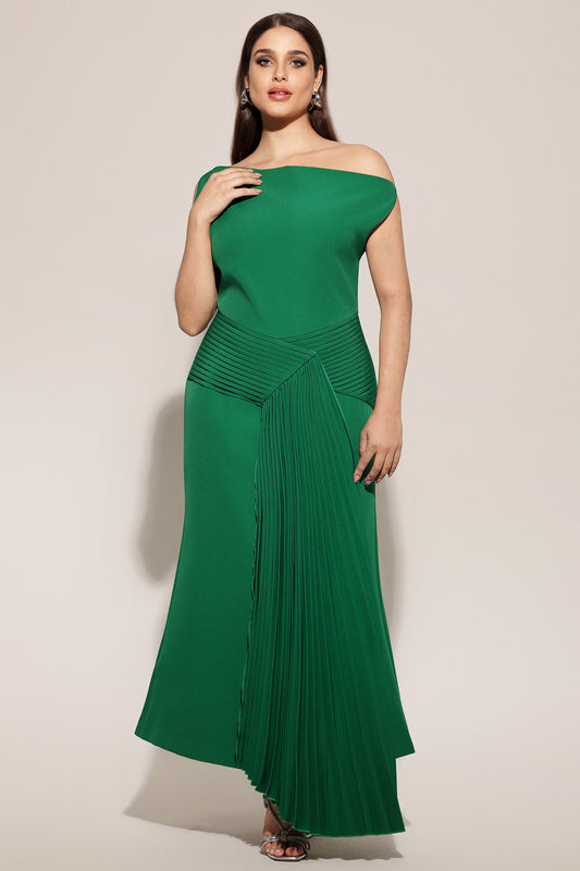 Vestido Midi Paulina com Ombro Oblíquo e Drapeados