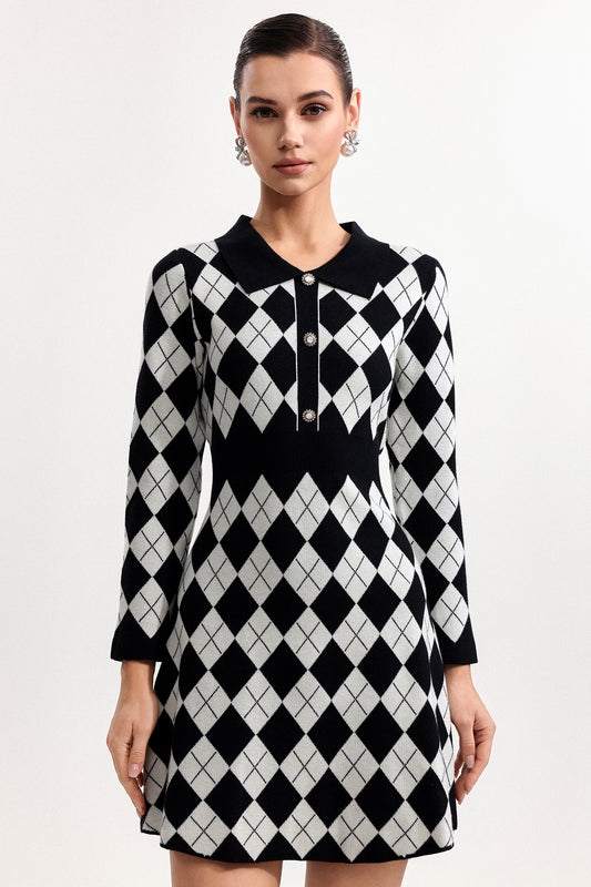 Vestido Mini Deirdre Manga Longa em Tricô Argyle