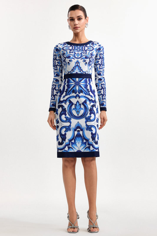 Vestido Midi Nerlii Decote Redondo Manga Longa em Tecido Estampado