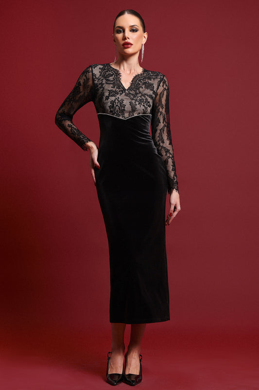 Vestido Maxi Lotta com Decote V, Manga Longa e Renda em Veludo