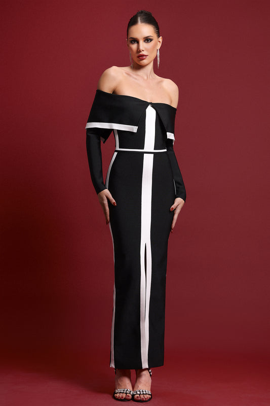 Vestido Maxi Samiya com Ombros à Mostra e Manga Longa