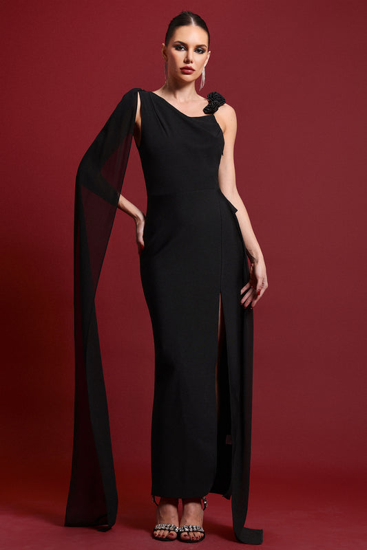 Vestido Maxi Liviya em Bandagem Assimétrica Gola Caxemira