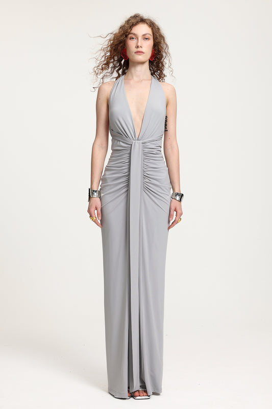 Vestido Maxi Decote Mergulho com Franzidos