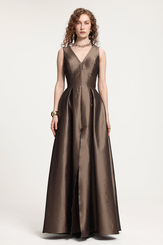 Vestido Longo em Cetim Metalizado - Decote em V
