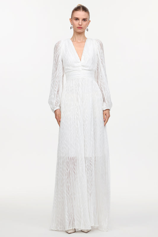 Vestido Maxi Loretta Gola em V Manga Longa Tecido Plissado
