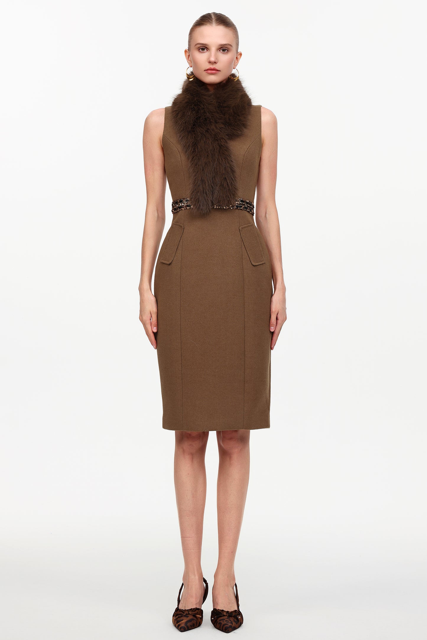 Vestido Midi Erise em Falso Pelo, Sem Mangas