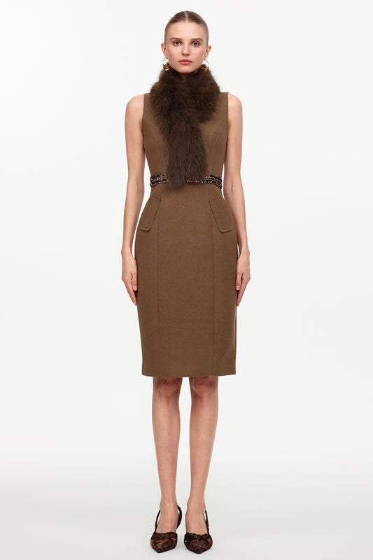 Vestido Midi Erise em Falso Pelo, Sem Mangas
