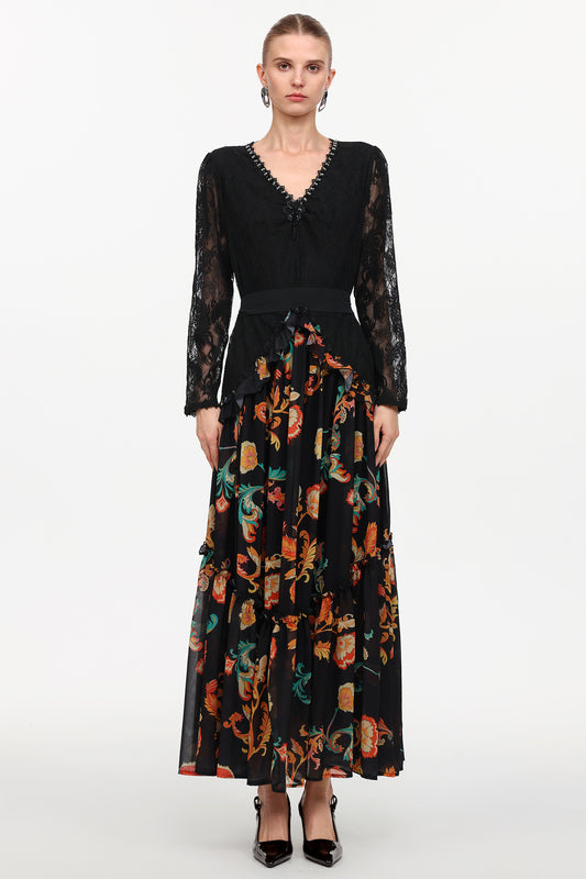 Vestido Maxi Erina em Renda Estampada com Manga Longa