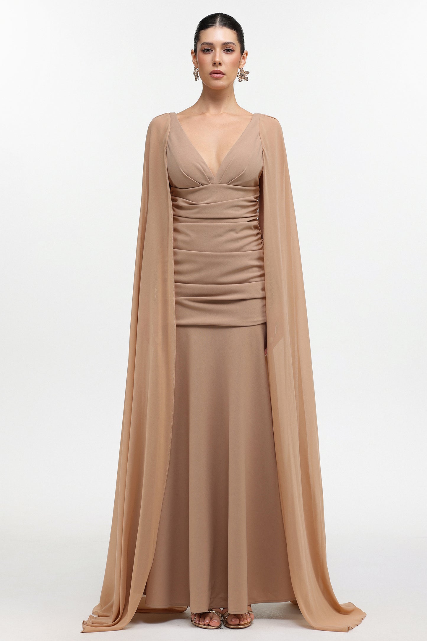 Vestido Maxi Tessy com Decote V e Mangas de Tule