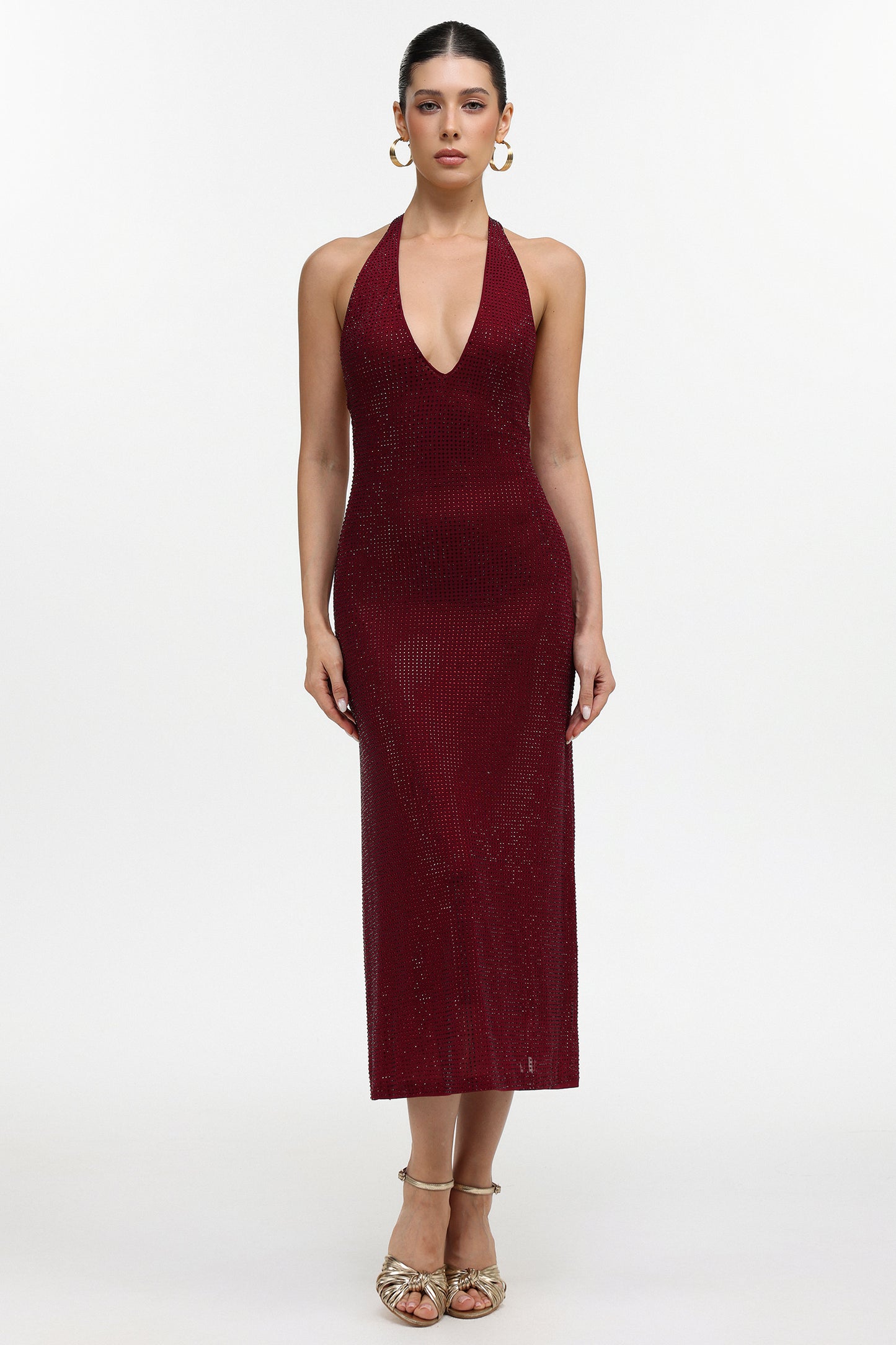 Vestido Maxi Liaci Halter com Cristais e Contorno Sensual