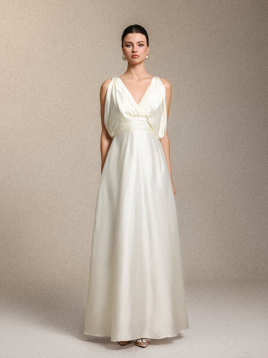 Vestido Maxi Heleza em Cetim, Decote em V e Franzidos