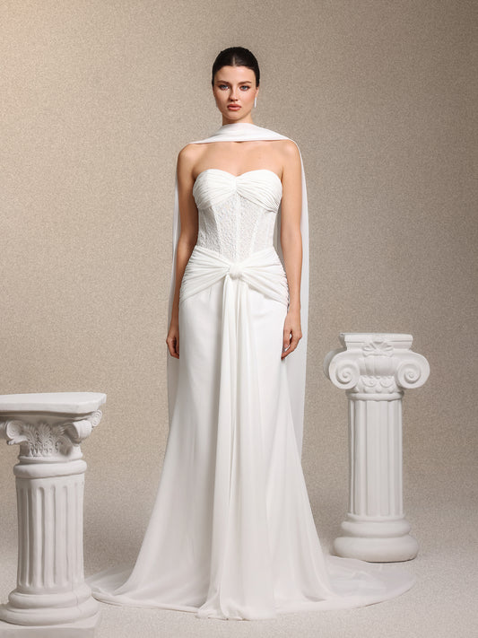 Vestido Maxi Lenra em Renda e Chiffon Branco com Laço Tomara que Caia